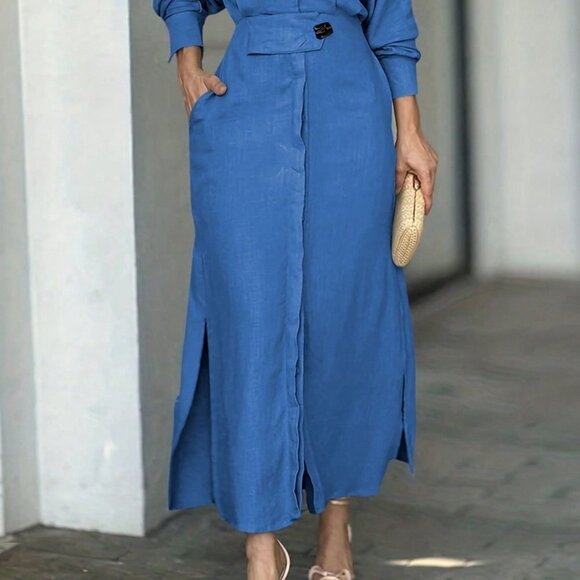 Blue Preppy Women's Batwing Sleeve Dress With Hidden Pockets - Picture 2 of 5